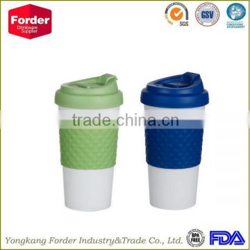 2016 double layer New plastic coffee mug with pipe with silicon sleeve