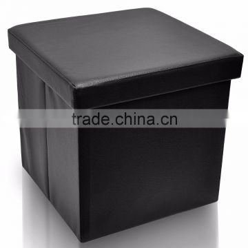 Foldable Storage Ottoman - Contemporary Faux Leather Ottoman with Cover, Black