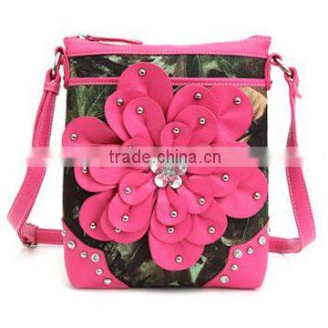 Wholesale Rhinestone Flower Design Camo Print Fuchsia Sling Purse