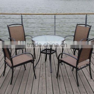 new design outdoor dining tempered glass top table and texitlene chair