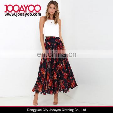 2017 Long Skirt Designs Women Elegant Pleated Maxi Floral Print Skirt