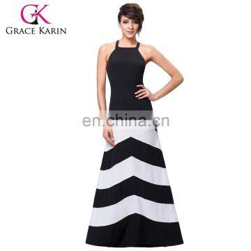 Grace Karin Sexy Women Halter Summer Black And White Wide Stripe Long Maxi Casual Dress Beach Dress CL008932-1