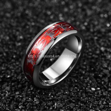 2019 NUNCAD 8mm Wide Inlaid Red Opal Paper + Spider Motif Tungsten Steel Men's Ring Wedding Band Tungsten Carbide Ring T227R