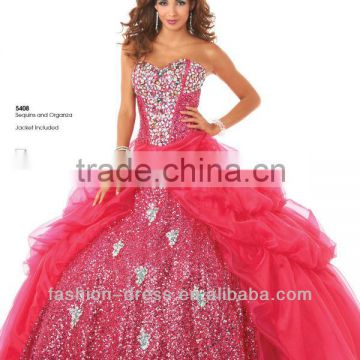 New Arrival Sweetheart Neckline Beaded Sequins Organza Red Quinceanera Dresses