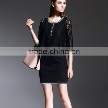 2015 latest european style elegant black lace long sleeve overlay evening dress