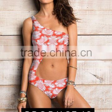 ladies palm print and side cut out one-piece swimwear