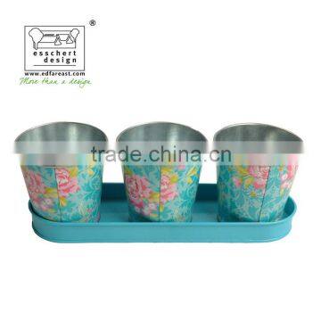 printed zinc galvanized 3 flower pots on a saucer maui charm print