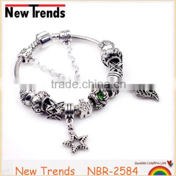 New arrival alloy beads snake chain leaf and star charms bracelet
