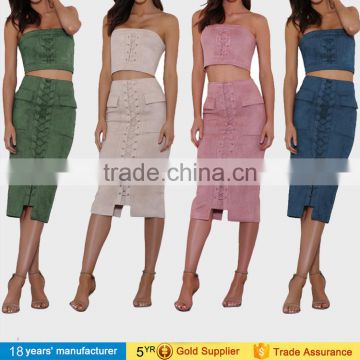 2017 fashion women lace up suede two piece skirts and crop top set bodycon dresses pictures of long skirts and tops