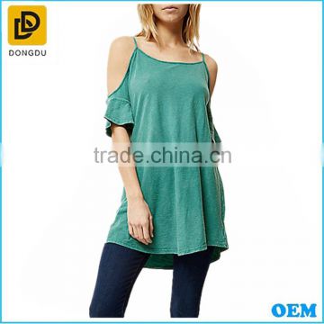 Clothing manufacturers lady green cold shoulder ladies tunic casual fashion 100% cotton burnout jersey blouse tank top