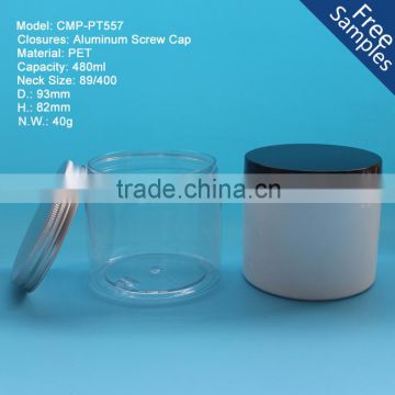 Round colorful 480ml plastic PET jars, 480g 16oz Clear PET plastic jar with aluminum cap