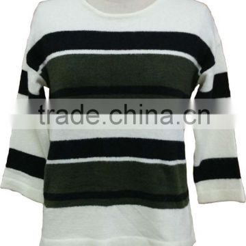 Stretch yarn,soft hand feeling,acrylic and nylon,stripe,ladies' pullover