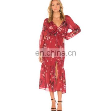 Autumn long sleeve women dresses Neckline ties with tassel accents Front button closure autumn maxi dress