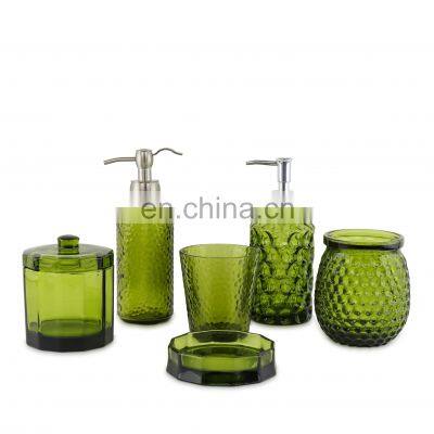 Glass bathroom accessories sets of 6 pcs with glass lotion dispenser green color bathroom sets