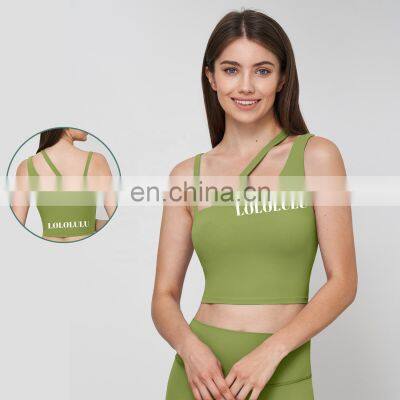 Breathable Compression Fitness Backless Crop Sports Bras Quick Dry Sloping Shoulder Womens Yoga Tops