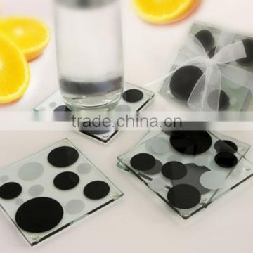 Cheap square glass coaster, table mats with black dot for home decoration