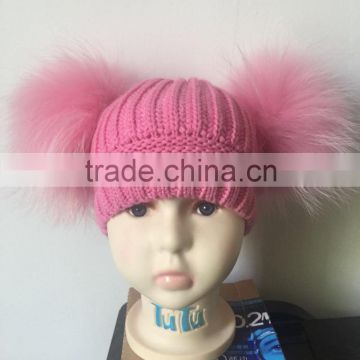 Pink Color Funny Baby Hats For Kids With Large Raccoon Fur Balls Crochet Winter Hats Kids