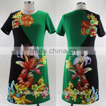 2015 adult group classic design short sleeve contrast color women print dresses