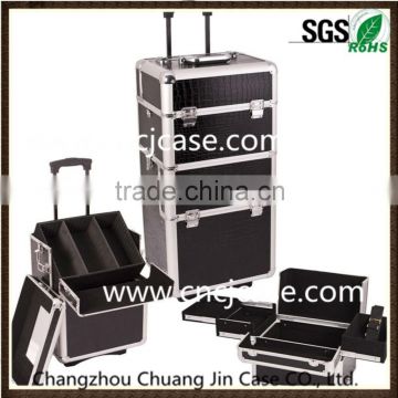 Customized cheap professional black aluminum cosmetic case with wheels