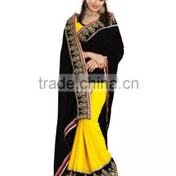 New Black and yellow color weightless embroidery sarees