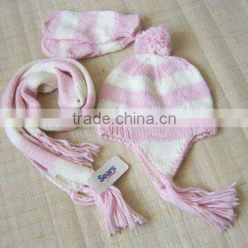 children pink and white winter knitting kids scarf hat glove 3pcs sets