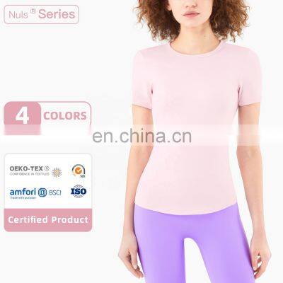 Womens Short Sleeve Shirts Workout Pure Color Custom Printing Yoga Summer T-Shirt