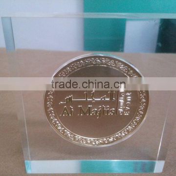 Noble fashionable clear acrylic logo block with coins inside