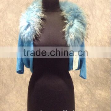 Ladies' V-neck decorated cashmere cardigan with fur of Racoon