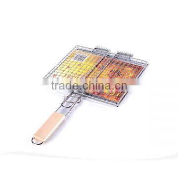 Stainless Steel Wooden Handle Barbecue Tool Fish Grilling Basket Burger Meat Grilled Folder Clip for Outdoor Picnic BBQ