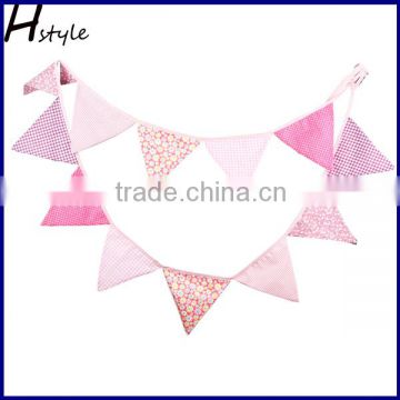 Handmade fabric Bunting Double Sided Banner Pennant 12 Flags Decoration Pink PL006