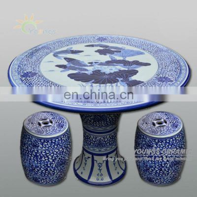 Chinese antique blue and white ceramic porcelain garden table and stool