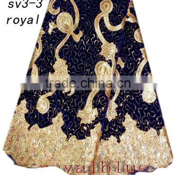 SV3-3 royal african velvet lace fabric with sequins and leather