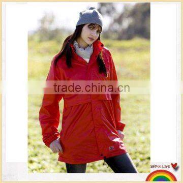 Designer red polyester PU raincoat