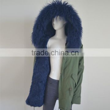 Myfur Customized Navy Lamb Fur Hooded Parka Coats for Adults