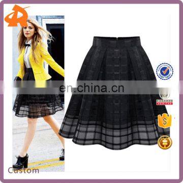 2017 Factory Supply Chiffon High Waist Mini Skirt with See Through Lace Mesh Plaids
