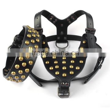 Adjustable Large Golden Studs Leather Pet Collar Harness For Pitbull