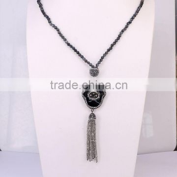 Nature Labradorite Beaded Necklace, Pave Crystal Zircon Palm Agate Druzy Pendant with Crystal Tassel Jewelry Necklace