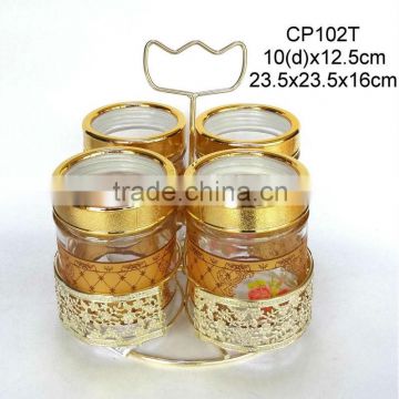 CP102T 4pcs round glass candy jar with printing with golden turning rack