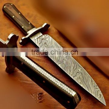 A PIG HUNTING SHAPE G-10 HANDLE, DAMASCUS STEEL HUNTING SHARP BOWIE KNIFE