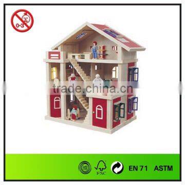 Wooden Dollhouse With Furniture & 4 Dolls
