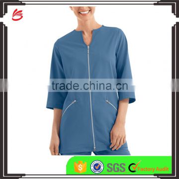 Solid Blue Color OEM Zipper Closure 3/4 Sleeve Women Spa Coat