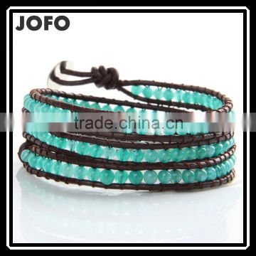 New Trendy Leather Wrap Bracelet 4MM Green Stone Handmade Bead Bracelets Bead Jewelry Manufacturer