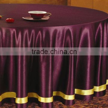 High quality luxury purple color satin round table cloth with golden frame edge for wedding banquet party