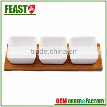 serve set of 3 square porcelain snack bowls bamboo tray white
