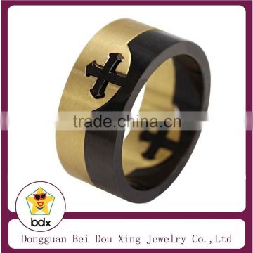 Hot Sell Stylish Catholic Prayer Jewelry Gold And Black Two Tone Religious Jesus Cross Stainless Steel Blessed Finger Ring
