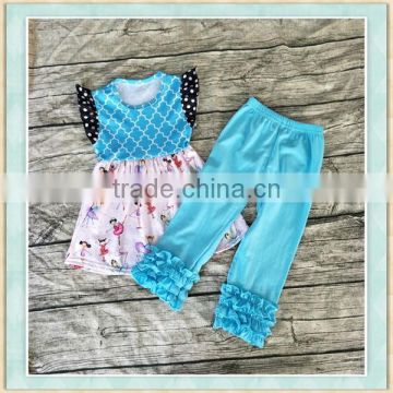 2017 stylish girl outfit clothing dancing girl pattern print top and bule ruffle pant baby wear clothes
