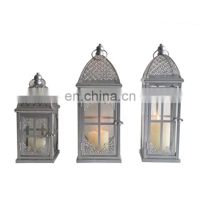 Set of 3 Gothic Antique Metal Oil painting Moroccan Hexagonal Floor Wedding Decorative Candle Lantern