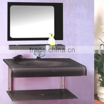 High Quality Tempered Glass Lavatory Vanity, Black Color Glass with Stainless Steel Holder