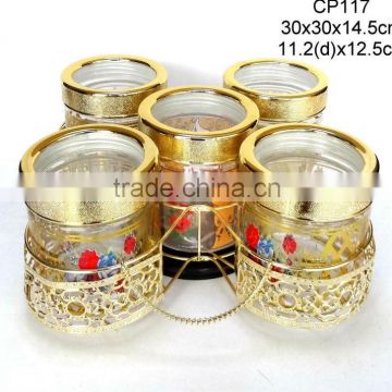 CP117 5pcs round glass jar with printing with golden rack
