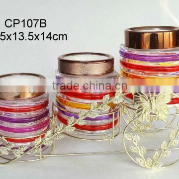 CP107B 3pcs oval glass jar sprayed with color with golden rack